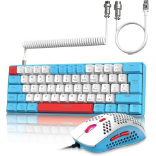 ZIYOU LANG Wired Gaming Keyboard and Mouse Combo with Spiral USB-C Cable T60 Pro - Compact 60% UK Layout (QWERTY) Mechanical Keyboard Linear Red Switch, 6400DPI Ultra-Light RGB Mice for PC/Mac - Blue
