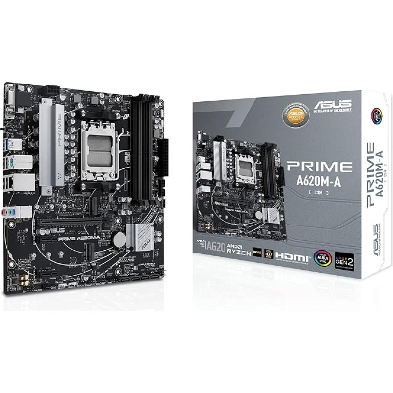 ASUS Prime A620M-A-CSM pagrindinė plokštė AMD A620 lizdas (Ryzen 7000, micro-ATX, DDR5 atmintis, PCIe 4.0, BIOS Flashback, USB 3.2 Gen 2, Aura Sync)