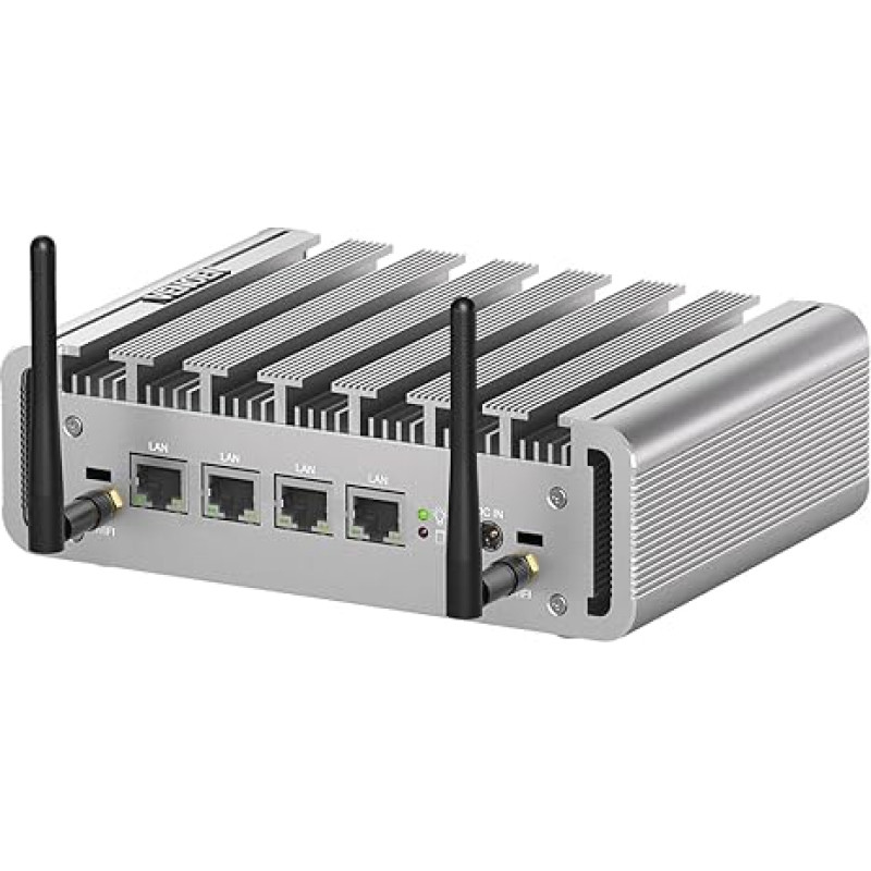 Mini kompiuteris be ventiliatoriaus N100 2.5Gbe 4 LAN prievadai, ugniasienės tinklo įrenginys kompiuteris, i225 tinklo plokštės, 8GB RAM 128GB SSD, HD, DP, USB, WiFi, SIM lizdas, mikrokompiuteris, automatinis įjungimas, 