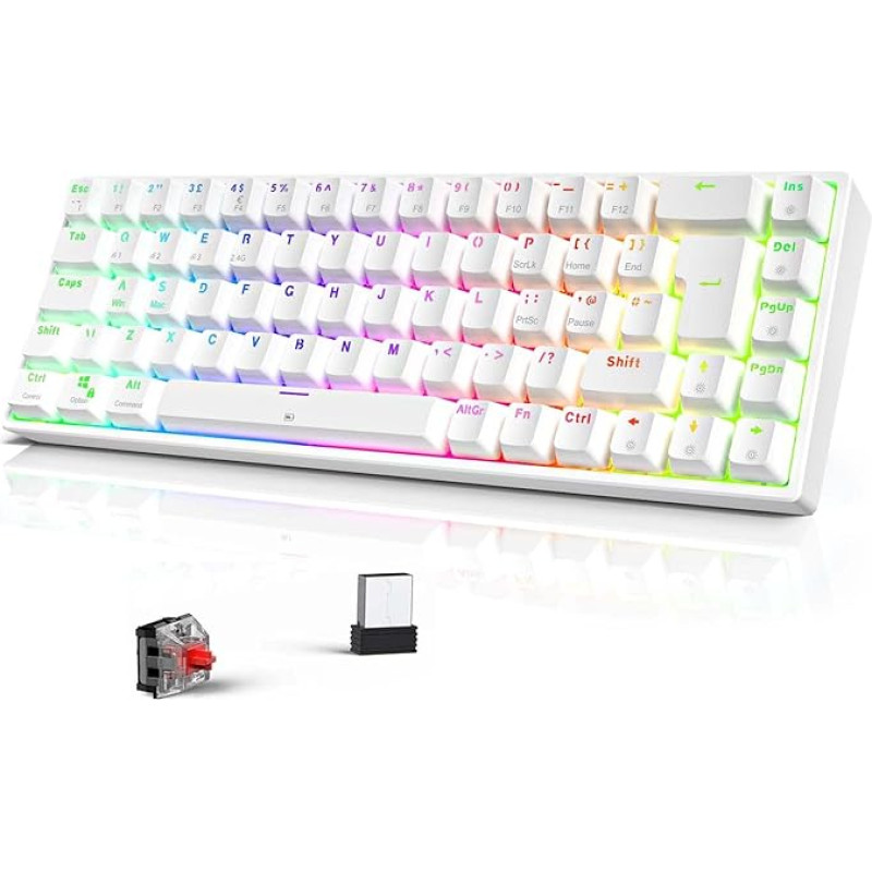 TECURS Drahtlose Mechanische Gaming-Tastatur RGB UK-Layout TKL 65 % Rollover Anti-Ghosting Bluetooth/2,4 GHz Tastatur mit Roten Schaltern für PC-Gamer/iPad/PS4/Android, weiß