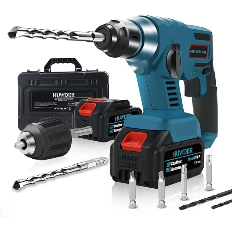 HUWDER Profesionalus akumuliatorinis gręžtuvas, 21 V SDS plaktukinis gręžtuvas, 4800 BPM, su savisriegiu griebtuvu, šešių dalių grąžtas, dvi funkcijos, elektriniai plaktukai / gręžtuvai gręžti, varžtams priveržti ir kt.