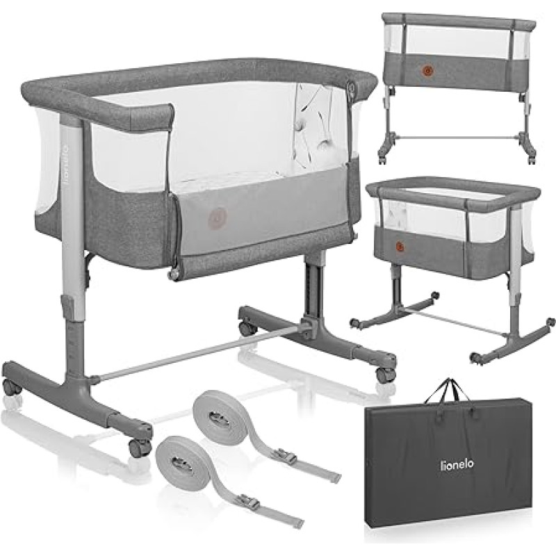Lionelo Aurora 3-in-1 kūdikio lova iki 9 kg, šoninė lova, lopšys, reguliuojamas čiužinio aukštis ir pasvirimas, 4 ratai su stabdžiais, ergonomiškas čiužinio krepšys