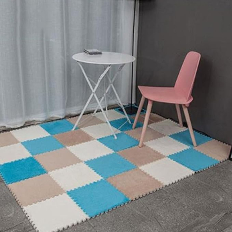 KJoBDwz Schaumstoff Plüsch Bodenmatte Bodenplüschschaum-Puzzlematte, 18-teilige ineinandergreifende Bodenmatten, quadratische Schaumstofffliesen, einfache Installation Klettermatte(Blue+White+Apricot