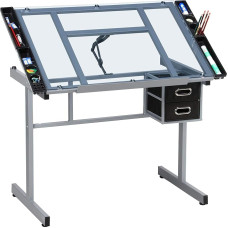 Yaheetech Drawing Table 0-60° Tilting Architect Table with Tilting Glass Top, Desk Office Table with 2 Drawers for Architects/Artists/Painters, 90 cm L × 60 cm W