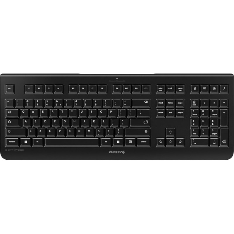 CHERRY KW 3000 belaidė klaviatūra su skaičių klaviatūra, ES išdėstymas (QWERTY), 2,4 GHz radijo ryšys, mažai triukšmo keliantys klavišai, plokščias dizainas, maitinama iš baterijos, juoda