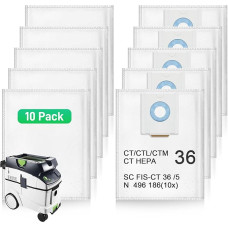 10 Stück 496186 Filterbeutel für Festool Staubabsaugung CT 36 / CTM 36 E/CTL 36 E CLEANTEC Serie, Staubsaugerbeutel für Festool SC FIS-CT 36/5, Einweg und große Kapazität, 10 Stück