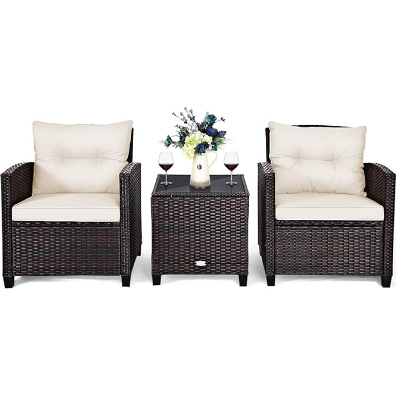 COSTWAY 3 dalių rotango sodo baldų komplektas, poliratano sėdimųjų baldų komplektas, 2 foteliai ir 1 staliukas, balkono baldai, bistro komplektas, sodo komplektas, sodo poilsio sodo komplektas su stikliniu stalviršiu ir sėdyne