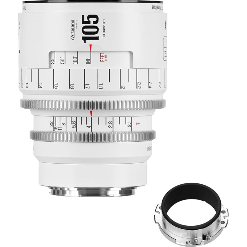 7artisans 105mm T2.1 Infinte serijos profesionalus rankinis viso kadro kino objektyvas, suderinamas su EF bajonetu, skirtas fotografijai ir filmų gamybai - baltas