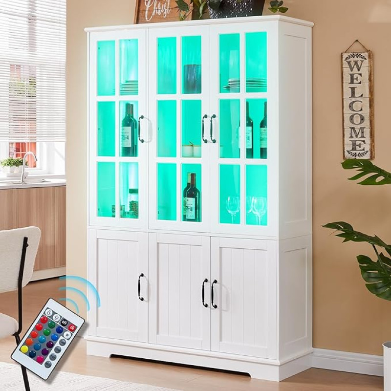 LUXOAK stiklinė vitrina su LED apšvietimu ir retro rankenėlėmis, balta, 180 cm aukščio, su 6 durelėmis ir 8 lentynomis, moderni, skirta svetainei ir virtuvei