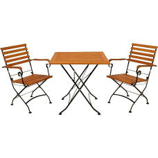 DEGAMO Hofgarten sodo sulankstomas 3 dalių rinkinys (2 x kėdės su porankiais, 1 x stalas 75 x 75 cm), juodas milteliniu būdu dengtas plienas, eukalipto mediena, alyvuota ruda spalva, FSC® sertifikuota, lauko sąlygomis