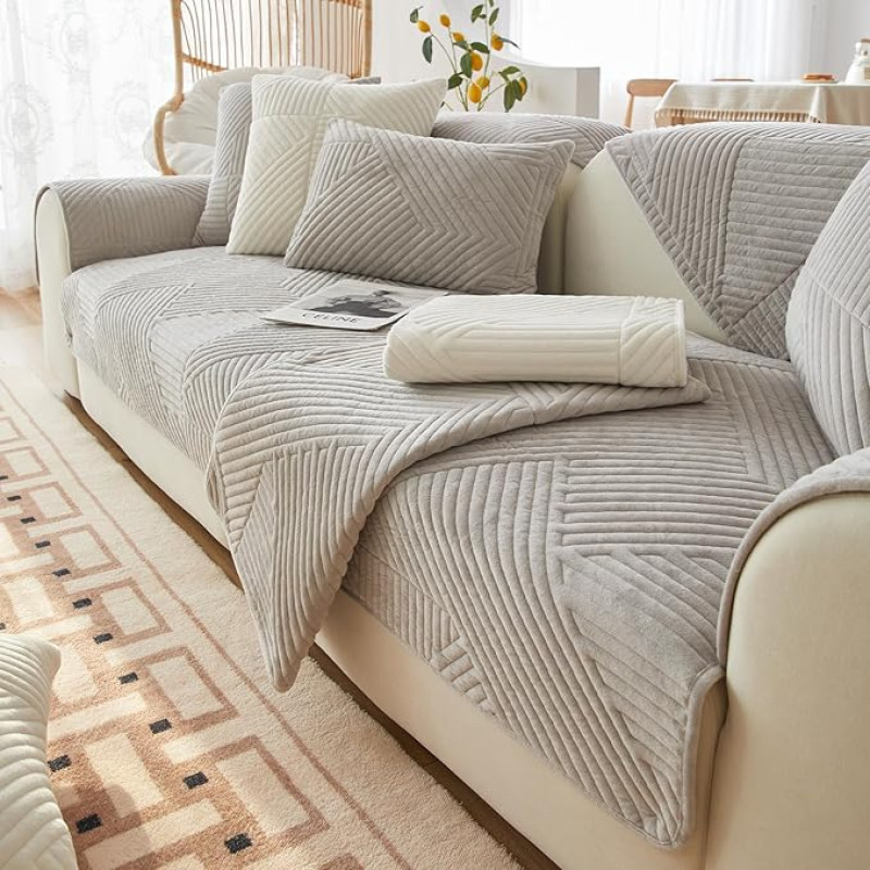 BWBIKE Sofa Slipcover Velvet Couch Cover Non-Slip Sectional Couch Covers for Dogs Cats Pet Furniture Protector Cover Loveseat Relaxing Chair Armrest Backrest Cover Light Grey 70 x 150 cm