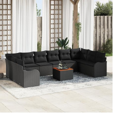 Rantry 11-teiliges Garten-Sofa-Set mit Kissen Schwarzes Poly-Rattan Akazie, 2-Sitzer Garten-Sofa mit Kissen Schwarzes Poly-Rattan Gartenlounge Modelis3347506