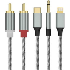 Lightning/USB Type C/3.5 mm to 2 RCA Aux Cable 1.3 m, 3 in 1 2 RCA RCA Cable Stereo for Lightning/USB Type C/3.5 mm Interface Compatible with iPhone/Huawei/Samsung Galaxy/Google Pixel/OnePlus