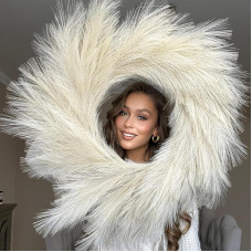 VOULUX Fluffy Artificial Large Artificial Pampas Grass Wreath 27 Inch Cream Modern Feather Boho Wreath Indoor Wreaths Farmhouse Wreath Wall Decor Baby Seagrass Wheat Natural