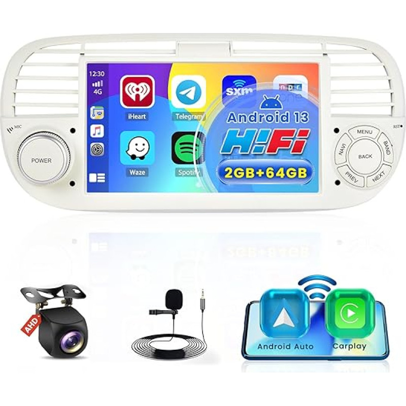 Hikity 7 Inch Android Car Radio with Navigation for Fiat 500 (2007-2015), 2GB RAM, 64GB ROM, 1024x600, WiFi, Bluetooth, GPS, Wireless Carplay, Android Car, Rear View Camera