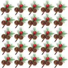 Noverlife 25pcs Mini Artificial Pine Hoe with Red Berries and Natural Pine Cones, Evergreen Pine Branches and Holly Berries, Artificial Pine Needles for Festival Decoration