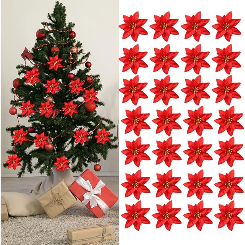 HUIKJI 50pcs Christmas Flowers Poinsettia Artificial Silk Flowers for Christmas Tree Wreaths Wedding Decoration Red