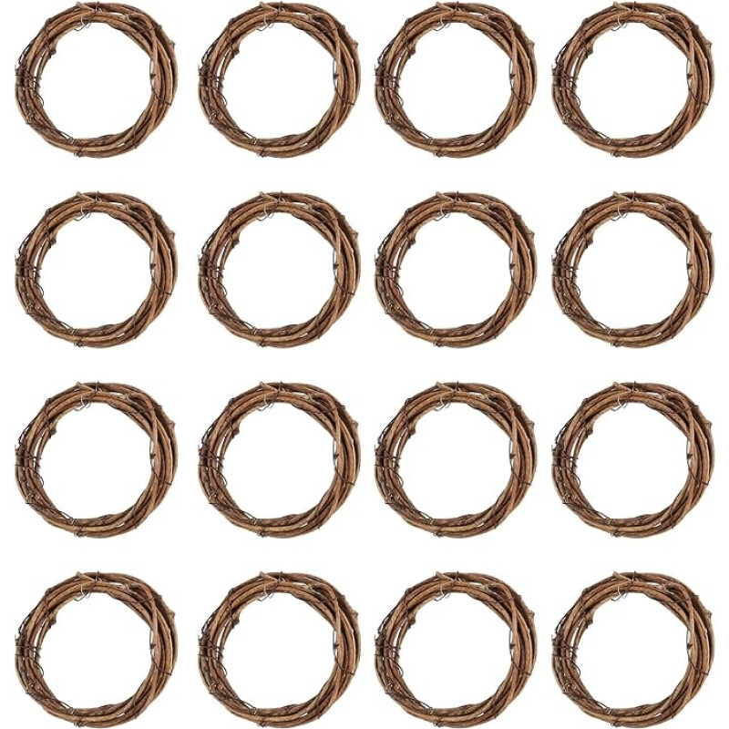 PATIKIL 3 Inch Rattan Wreath, 16 Pieces 0.59 Inch Wire OD Christmas Round Natural Vine Branch Wreath Garland Flower Ring Hoop for Door and Window Decorations, Brown