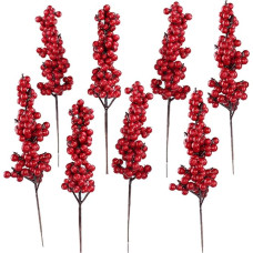 EXCEART 8pcs Artificial Holly Berries Craft Berry Wire Stems for Christmas Tree Decoration Holiday Wreath Autumn Decor