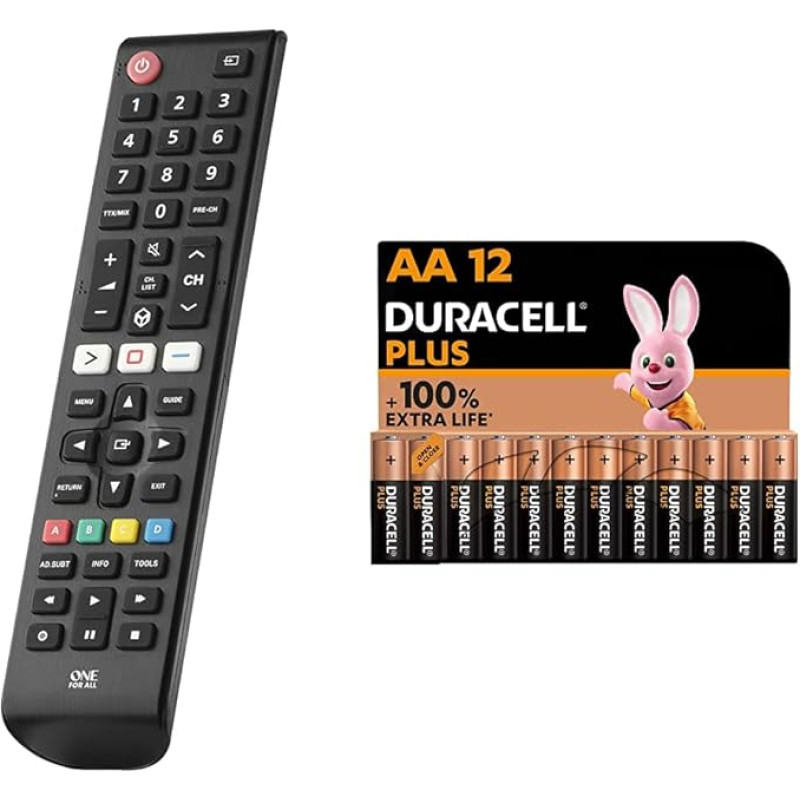 One for All Samsung TV Remote Control - Works with All Samsung TV/Smart TV URC4910 & Duracell Plus AA Mignon Alkaline Batteries, 1.5 V LR6 MN1500, Pack of 12 LR06