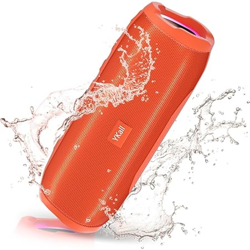 Ykall Bluetooth Speaker 20 W, LED Music Box, Bluetooth Box, Waterproof IPX6.360° HD Stereo Speaker Sound, 36 Hours Playtime, Supports FM Radio, AUX, TF (Orange)