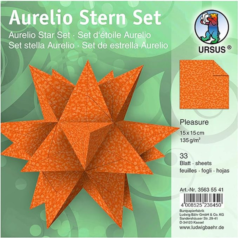 Ursus Aurelio Star Pleasure 35635541 Folding Sheets Orange 33 Sheets 135 g/m² Paper Approx. 15 x 15 cm Printed on Both Sides Ideal as Christmas Decoration