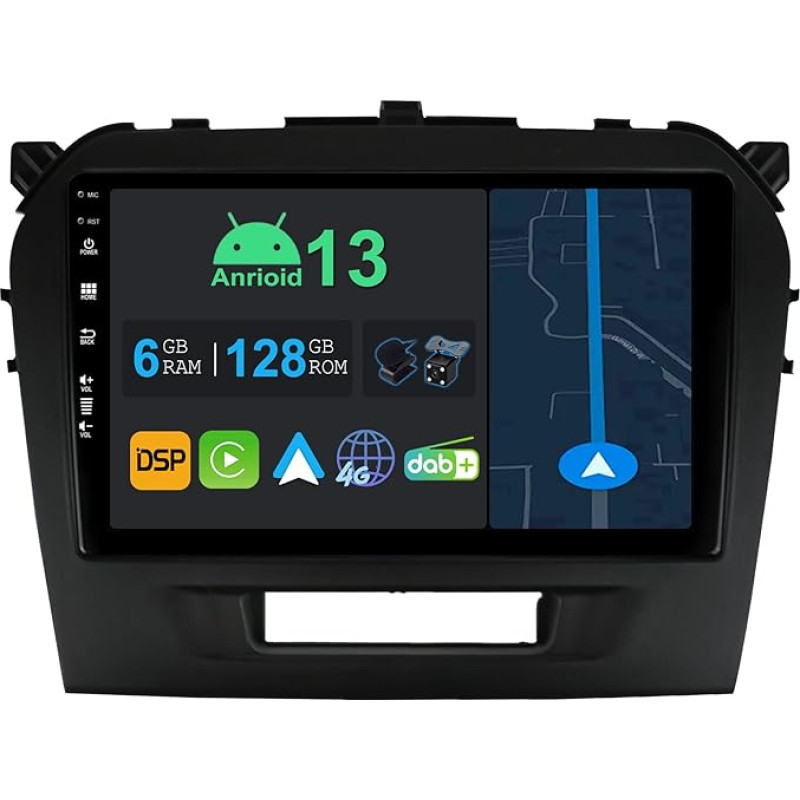 YUNTX 9 Inch Android 13 Car Radio with Sat Nav for Suzuki Vitara 2014-2020 | Octa Core | 6GB 128GB | Built-in 4G LTE | CarPlay & Android Car | DSP | DAB | QLED | Dual Band WiFi | Bluetooth 5.0