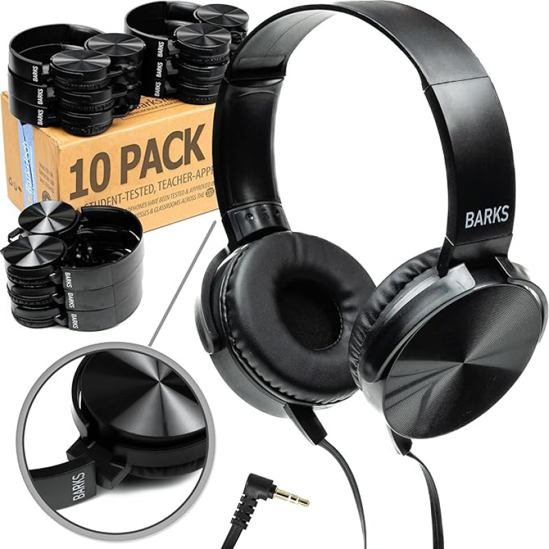 Bulk Classroom Headphones - 10 Pack Over-Ear Headphones for Students, Perfect Kids in Classrooms, Schools, Libraries, Class Set (Durable, Noise Reducing, Comfortable, Easy to Clean)