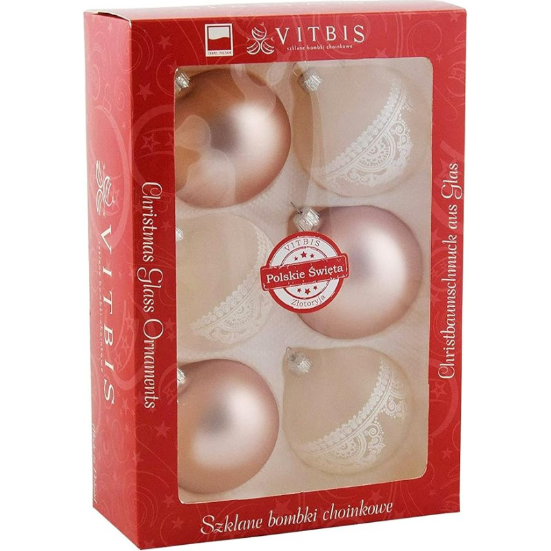 Vitbis Glass Christmas Baubles Set of 6 Pink / Transparent Diameter 8 cm Hand-Decorated Hand-Painted