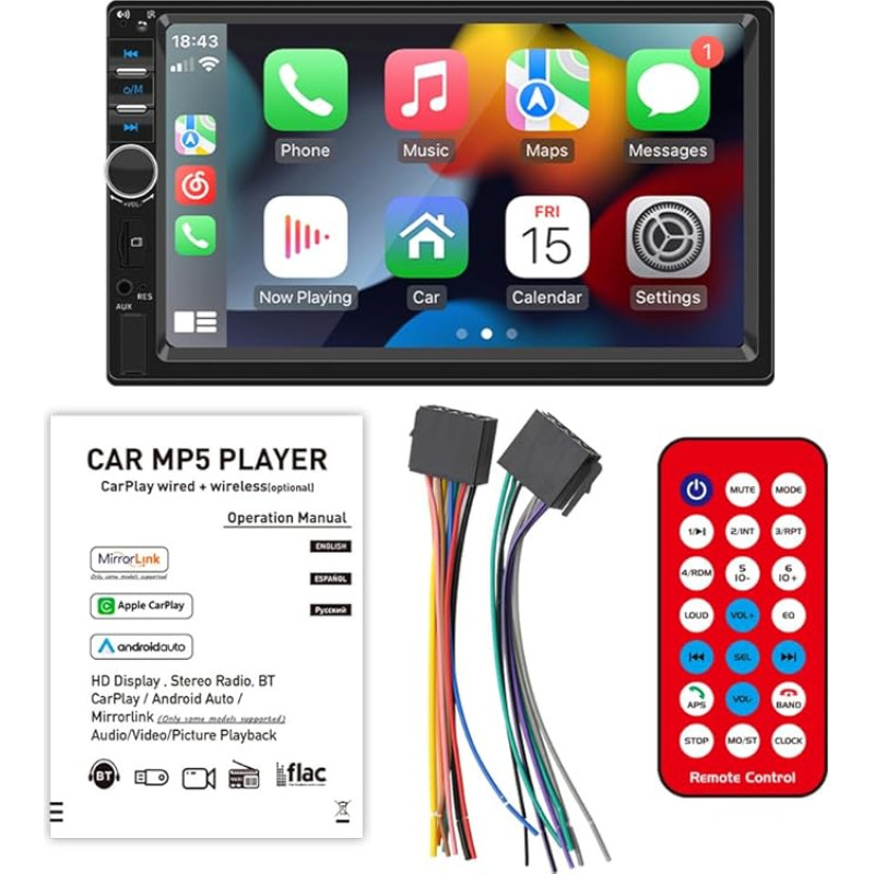 Car Radio 7 Inch 2 DIN Bluetooth, Touch Screen Mirrorlink Car Radio Audio MP5 MP4 Media Player Support Aux Input / SD / USB Hands-Free Kit (with Rear View Camera)