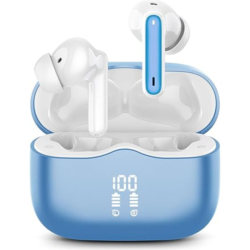 Bluetooth Headphones, Wireless Bluetooth 5.3 In-Ear Headphones with 4 ENC Mic, Wireless Headphones Deep Bass 40 Hours Wireless Earbuds Noise Cancelling, IP7 Waterproof, LED Display, Light Blue