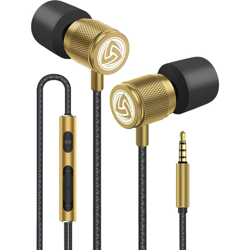 Ludos Ultra Headphones - In-Ear Headphones Cable, Headphones with Microphone, Crystal Clear Sound, Balanced Highs and Lows, New Memory Foam, Durable Cable, Bass and Volume Control Gold