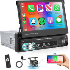 Hodozzy Wireless Carplay/Android Car Radio 1 DIN with 7 Inch Manual Extendible Display Car Radio Bluetooth, Touch Screen with Mirror Link/FM/USB/AUX/SD/Microphone + 12 LED Reversing Camera