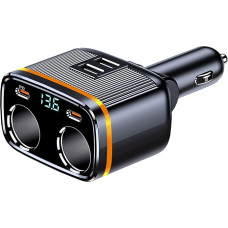 145 W USB C Super Fast Car Charger, 12 V/24 V Dual Cigarette Lighter Adapter, 4 Sockets, Dual USB + Dual PD 45 W Car Charger with LED Voltmeter.