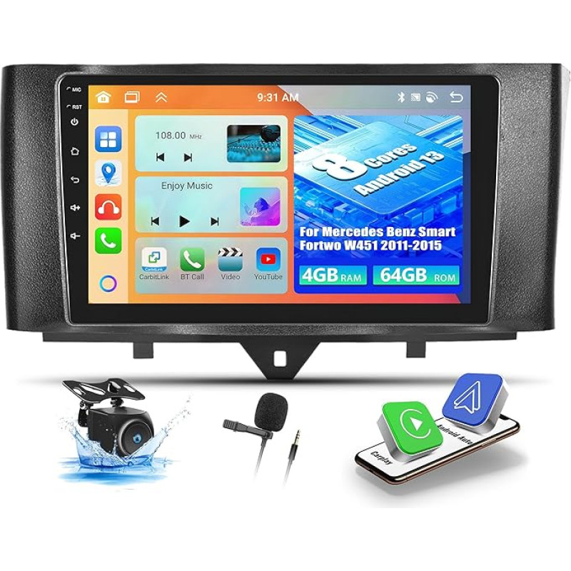 OiLiehu 4+64G 8 Core Android 13 Double DIN Radio for Mercedes Benz Smart Fortwo W451 2011-2015 CarPlay Android Car Radio with Screen 9 Inch with Bluetooth GPS FM RDS WiFi DSP/EQ/Reversing Camera