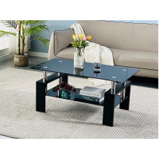 Living Room Coffee Table Rectangular Tea Table Waiting Room Suitable Modern Side Table with Wooden Leg Glass Table Top with Base Shelf Black