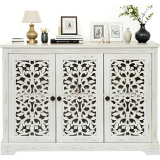 LKTART 111,8 cm Sideboard, Buffetschrank, Bauernhaus-Akzentaufbewahrung mit 3 hohlen geschnitzten Türen, für Wohn-/Esszimmer, Küche, Antikweiß