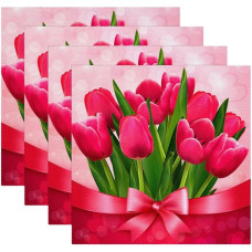 Medžiaginės lėkštės, skalbiamos lėkštės valgomojo stalui, 4 vnt., rožinės tulpės Motinos diena