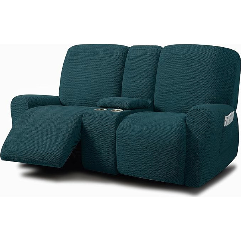 ULTICOR Jacquard-Design, Liegesitz, mit Mittelkonsole, Schonbezug, 8-teilig, Stretch-Sofabezüge, 2-Sitzer, Loveseat Recliner Bezug, waschbar (Stil 3) (Deep Teal)