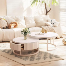 GonTzolkin Apvalus kavos staliukas baltas 2 marmurinių kavos staliukų rinkinys Apvalus baltas kavos staliukas su laikymo vieta Kavos staliukas modernus su metaliniu rėmu Svetainės stalas Išskleidžiama sofa Miegamojo svetainės stalas