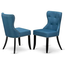East West Furniture SIP1T21 Sion Parson Esszimmerstühle mit Knopfleiste, getufteter Nagelkopfbesatz, blauer Leinenstoff, gepolstert, 2 Stück, Schwarz