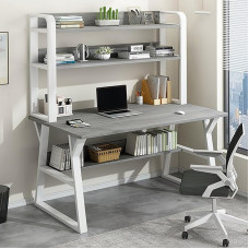 Moderner Computertisch mit Bücherregal, platzsparender Home-Office-Arbeitsplatz, Gaming- und Lerntisch für effiziente Arbeits- und Aufbewahrungslösungen (Grau)
