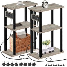 TUTOTAK - Kleiner Beistelltisch schmal mit Ladestation, 2er Set schmale Beistelltische für kleine Räume, schmaler Nachttisch mit USB und Ausgang, Sofa neben dem Tisch inkl