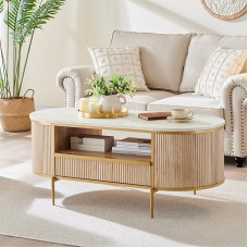 OKD modernus prabangus briaunuotas ovalus kavos staliukas su stalčiumi, dirbtinio marmuro viršus, išlenkto profilio dizainas, aukso metalo dekoras, centrinis svetainės staliukas, natūralus ąžuolas