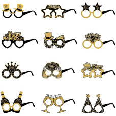 12 Stück Happy New Year Brillen 2025, Schwarz Gold Neujahr Party Brille mit Neujahrselementen, Happy New Year Photo Booth Requisiten für Silvester Party Favors Photo Booth Props Graduation Supplies