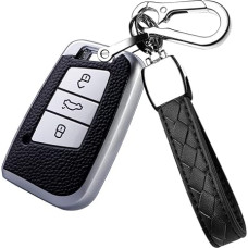 HIBEYO išmaniųjų automobilio raktų dėklas tinka VW raktų dėklui apsauginis dangtelis Golf 7 Polo Passat T-Rock Skoda Seat 3 mygtukų nuotolinio valdymo priedų raktų pultelis 3 mygtukai TPU odos tekstūros sidabrinės spalvos