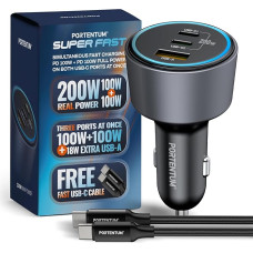 PORTENTUM Cigarečių žiebtuvėlio USB C 200W + dovanų USB C kabelis - trigubas automobilinis įkroviklis - dvigubas USBC PD 100W + USBA QC 18W - 12V USB adapteris automobiliui, skirtas iPhone iPad MacBook Android planšetiniam kompiuteriui Smartphone