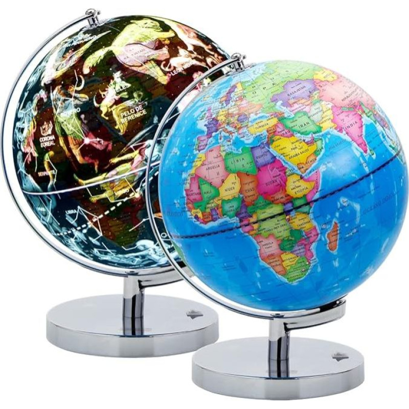 EXERZ 23 cm šviečiantis gaublys su metaliniu pagrindu - Ispanijos žemėlapis - studentų gaublys su LED apšvietimu be laido - politinis žemėlapis (dienos metas) - žvaigždynų žvaigždės (naktį) - linksmas ir įdomus