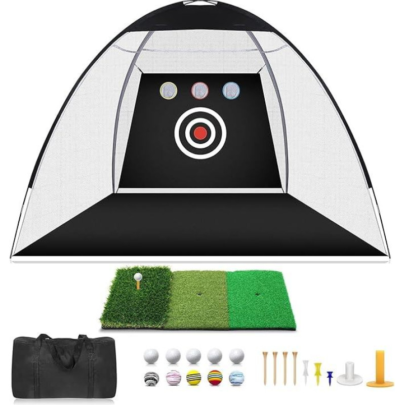 Golfo tinklas 3 x 2,1 x 1,8 m Golfo treniruočių tinklas su lazdų kilimėliu, skirtas kiemui, uždaram, lauko aikštelei, vairavimo ir smūgiavimo tinklams, skirtiems naudoti patalpose ir lauke, garažui, golfo sūpynėms mokyti