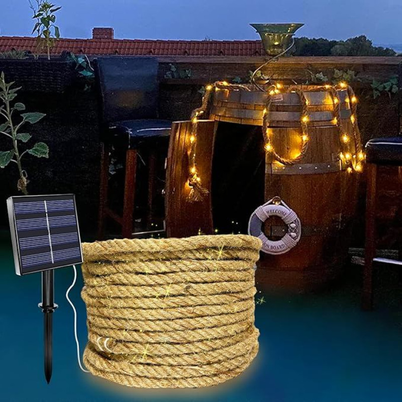 MEDOYOH 15 m Saulės virvės pasakų žibintai su 300 šviesos diodų, Saulės kanapių virvės pasakų žibintai su 8 apšvietimo režimais, atsparūs vandeniui, skirti sodo terasos balkono sūpynių bagažinės dekorui